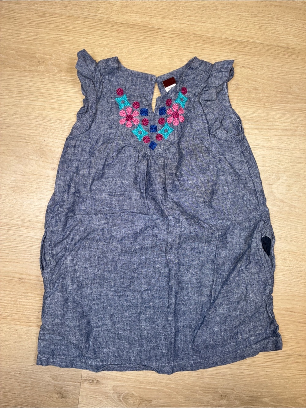 Tea collection Girls Chambray Dress with Pink & Teal Embroidery